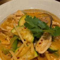 Red Curry · Medium. A complex spicy red curry dish mixed with a variety of fresh vegetables including eg...