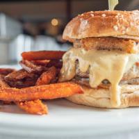 This Bird Can'T Fly · Seasoned turkey burger served on a buttery toasted wheat bun, topped with melted pepper jack...