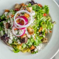 Greek Chicken Salad · House salad mix tossed with grape tomatoes, kalamata olives, cucumbers, red onions, Feta che...