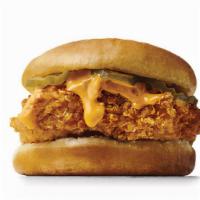 Spicy Crispy Chicken Sandwich · Includes: Boom Boom sauce and 2 pickles on a toasted bun.
