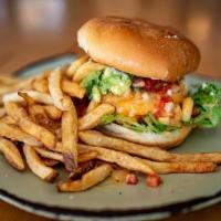 Cali Mac-Attack Burger · Impossible or Beyond Patty, Mac n Chez, American Cheese, Pico De Gallo, Avocado + Garlic Aioli