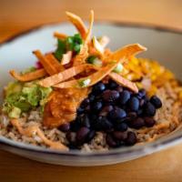 Baja Bowl · Cilantro Rice, Corn Succotash, Black Beans, Red Cabbage Slaw, Avocado, Chipotle Aioli + Roas...