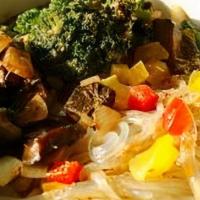 Glass Noodle Bowl · glass noodles, baby bok choy, portobello, onion, Diced bell peppers, broccoli, cilantro, and...