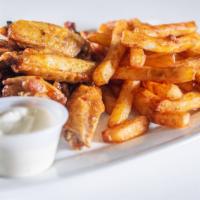 Chicken Wings · Served with seasoned fries. Your choice of flavor: Hot, Regular Barbecue, Sweet Chilli, Lemo...