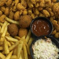 Crawfish Basket  (Cal 970) · Handbattered and lightly fried, served with our signature shrimp slaw, two hushpuppies, one ...