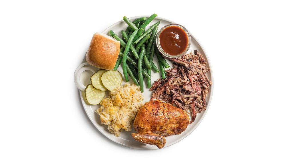 Brisket & Chicken · 1/4 lb. pulled brisket and a 1/4 chicken (choice of white or dark). Served with 2 sides and a roll.