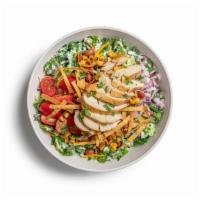 Southwest  · Chopped greens, rotisserie chicken, ranchero beans, sweet corn, grape tomatoes, red onions, ...