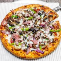 All The Way Specialty · Comes with pepperoni, sausage, ham, beef, mushrooms, red onions, green peppers and black oli...