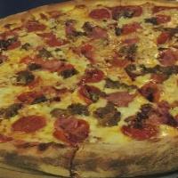 The Ol' Clifford · Pepperoni, Italian sausage, beef, ham, bacon and Canadian
bacon.