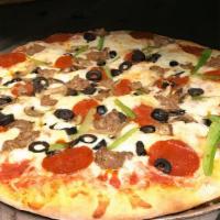 The Chief · Pepperoni, sausage, onion, mushroom, black olive and green pepper.