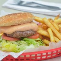 Quickie'S Deluxe Burger · 1/2 lb angus beef patties.