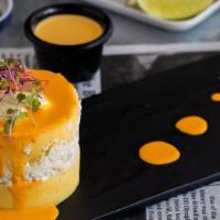 Limón Causas · Mashed potato, yellow pepper, lime, stuffed with chicken or tuna.