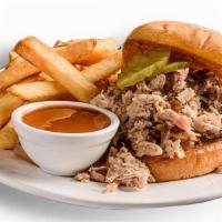 Large Legendary Bbq Sandwich + Side · Served with your choice of boneless rib tips, chopped pork, chicken, or sausage on a warm to...