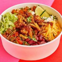 Chicken Tinga Bowl · Chicken tinga with rice, shredded cheese, spiced fajita veg, beans, lettuce, pico de gallo, ...