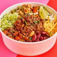 Pulled Beef Barbacoa Bowl · Pulled beef barbacoa with rice, shredded cheese, spiced fajita veg, beans, lettuce, pico de ...