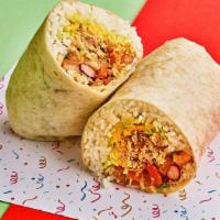 Pork Carnitas Burrito · Pulled pork with rice, shredded cheese, spiced fajita veg, beans, lettuce, pico de gallo and...
