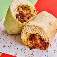 Beyond Meat Burrito · Plant-based Beyond Meat with rice, shredded cheese, spiced fajita veg, beans, lettuce, pico ...