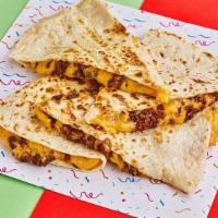 Beef & Queso Quesadillas · Spiced ground beef with shredded cheese, queso cheese sauce and your choice of sauce.