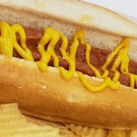 Hot Dog Combo · Hebrew national kosher dog with  yellow mustard, Chips, juice box.