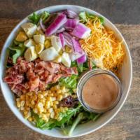 Local Mix Salad · Applewood bacon, corn, hard-boiled egg, red onion, cheddar, and our honey mustard vinaigrett...