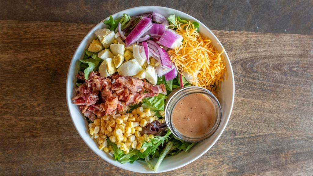 Local Mix Salad · Applewood bacon, corn, hard-boiled egg, red onion, cheddar, and our honey mustard vinaigrette. We recommend adding grilled chicken.