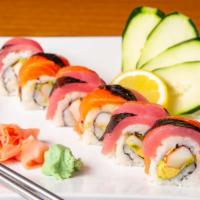 Candy Maki · Six pieces ( crabstick and avocado roll, with sliced tuna and salmon on top ).