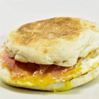 Prosciutto Egg · 2 fried eggs, topped with fresh sliced prosciutto,  served on a buttery toasted  English muf...