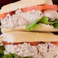Tuna Salad Sandwich · Homemade tuna salad, lettuce and tomatoes on a 6
