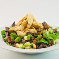 Pia Salad · Mix greens, granny Smith apples, raisins, caramelized pecans and bacon. Topped with grilled ...