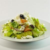 Greek Salad · Tomatoes, onions, cucumbers, romaine, lettuce, Kalamata olives, green olives, peppers, peper...