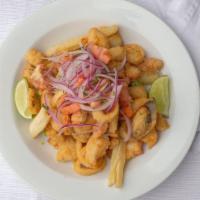 Jalea Mixta · Deep fried fish and seafood.