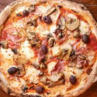 Capricciosa Pizza · San Marzano tomato sauce, fior di latte mozzarella, ham, mushrooms, and artichoke.