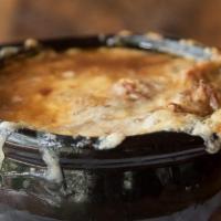 French Onion Soup · (Available til 11pm) Sherry-braised caramelized onions, beef and chicken stock, aged provolo...