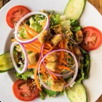 House Garden Salad · Tomato, cucumber, carrot, red onion, cheddar & mozzarella cheese, croutons, mixed greens