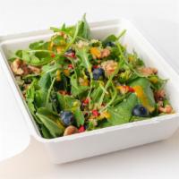Super Salad · Vegan. Spinach, kale, walnuts, quinoa, blueberries, goji berries, tossed with honey-turmeric...