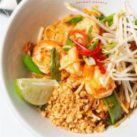 Pad Thai · Traditional Thai rice noodles stirred with tamarind sauce, egg, scallion, beansprout, ground...