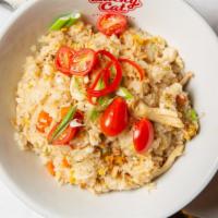 Fried Rice · Choice of meat: Chicken, Beef, Shrimp. Stir-fried with egg, scallion, onion, carrot, pea, to...