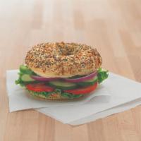 Mediterranean Veg-Out · 370-620 cal. Hummus or cream cheese, lettuce, tomato, cucumber, green pepper & red onion.