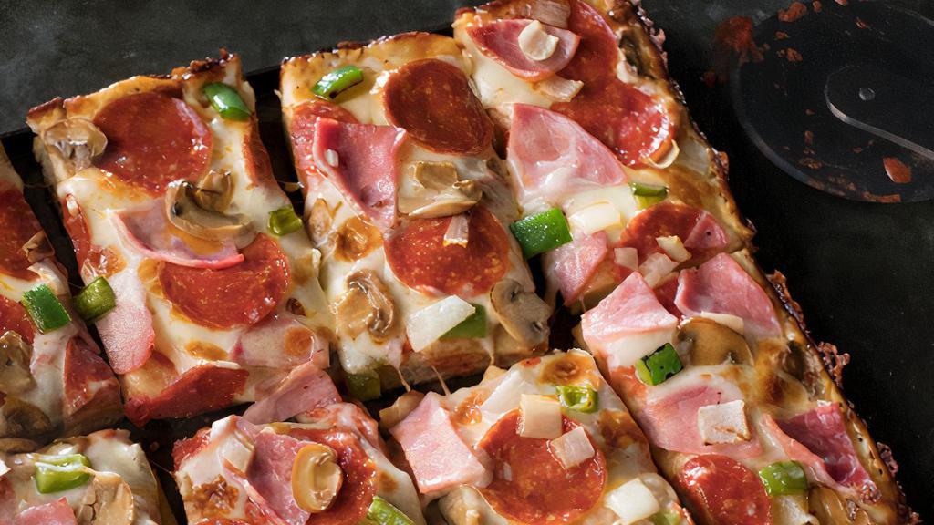 8 Corner Super Special · 8 pcs. A Jet's Exclusive! 8 Detroit-Style deep dish corner slices. Pizza sauce, premium mozzarella, pepperoni, ham, mushrooms, onions & green peppers. 240-400 cal. / slice