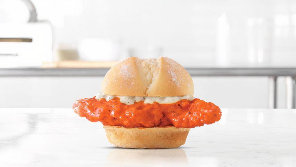 Buffalo Chicken Slider · A crispy chicken fillet dipped in spicy buffalo sauce with parmesan peppercorn ranch sauce on a warm slider style bun. Visit arbys.com for nutritional and allergen information.
