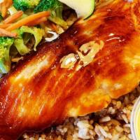 Grilled Salmon · Served with vegetables or two veggie spring rolls, choice of rice, choice of drink, and choi...