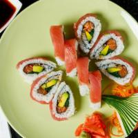 Rose Roll · Spicy salmon, jalapeÃ±o, avocado, spinach, and tuna on top. Consuming raw or undercooked mea...