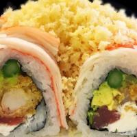 George Roll · Shrimp tempura, tuna, scallion, avocado, asparagus, cream cheese, and crab on top. Consuming...