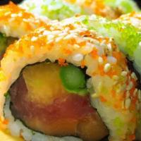 Miami Roll I/O Masago (Green & Red) · Salmon with tuna avocado, asparagus, and cantaloupe. Consuming raw or undercooked meats, sea...
