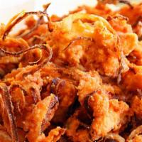 Onion Pakora (8 Pieces) · Nut free, vegan. Sliced onion prepared with chickpeas flour, coriander, garlic, ginger, and ...