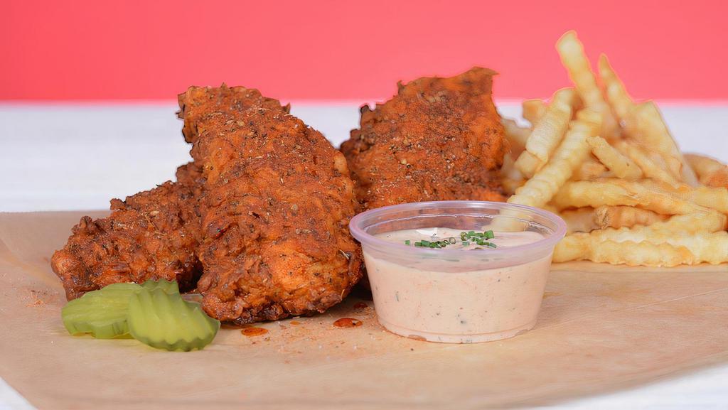 3 Jumbo Hot Tender Combo · 3 of our famous, jumbo, hand-breaded chicken tenders drenched in Nashville Hot Sauce. Served with French Fries, Coleslaw, and choice of a side of our famous Special Sauce or Homemade Ranch Dressing