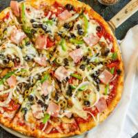 The Deluxe · Sausage, pepperoni, mushrooms, green peppers, ground beef, ham, onions, green and black oliv...