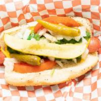 Chicago Style · Mustard-relish, onions, tomato, peppers, pickle, celery salt.