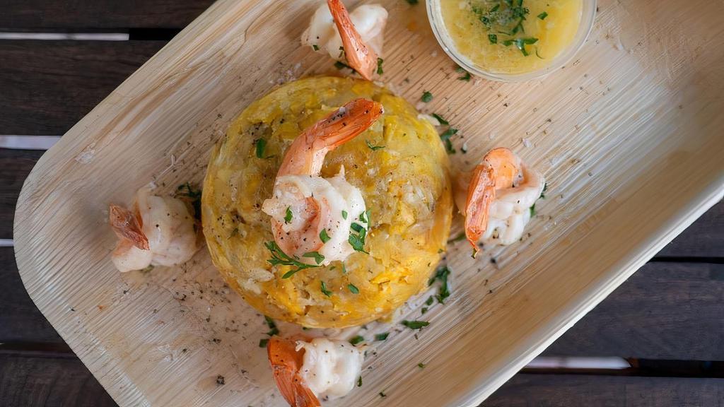 Mofongo · Fried green plantains mashed with garlic served with your choice of Cheese, Shrimp, Skirt Steak or Chicken Chicharron.