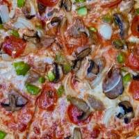Works Pizza · Pepperoni, sausage, onions, green pepper, mushrooms, black olives and extra cheese.